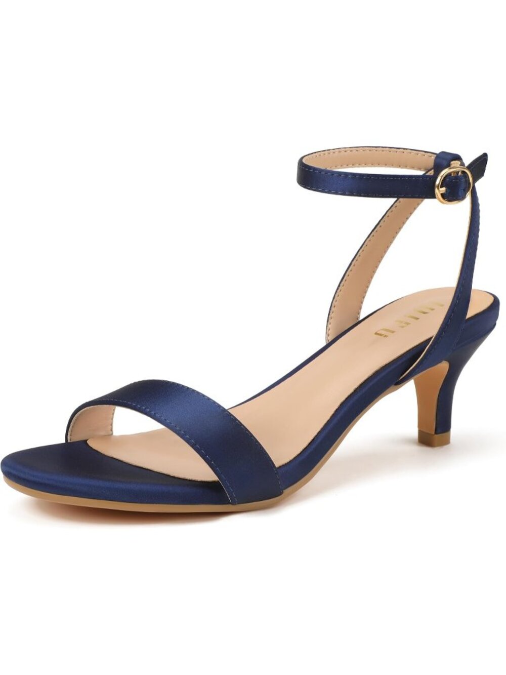 Women's Navy Pu Kitten Heels Low Open Round Toe Short Ankle Strap Heel Sandals